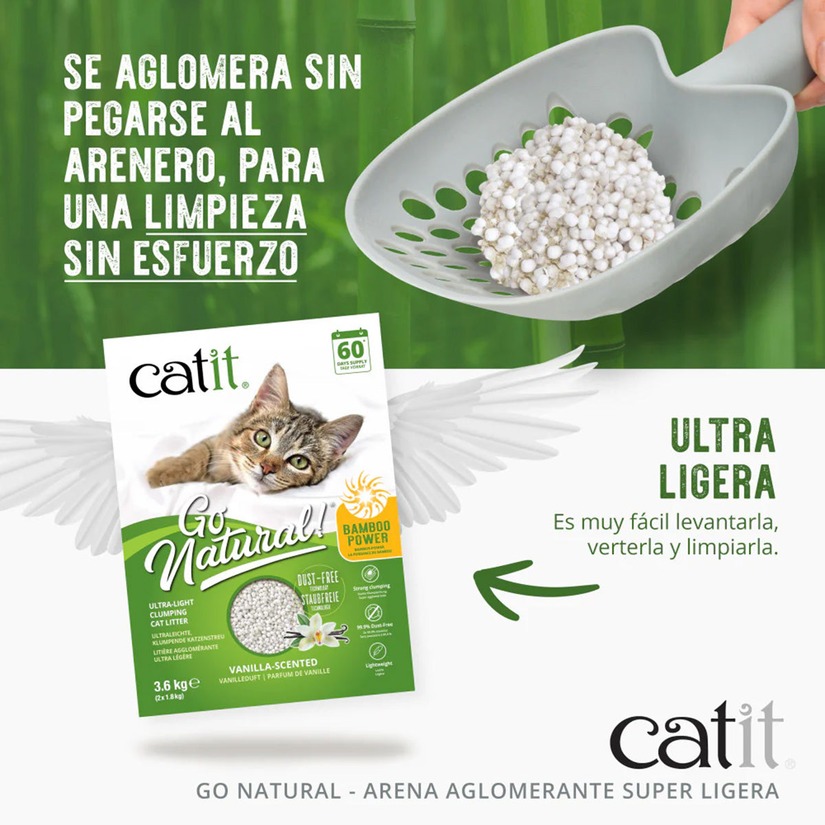 Arena aglomerante ecológica ultraligera de gambú aroma vainilla Go Natural! 3,6 kg Catit