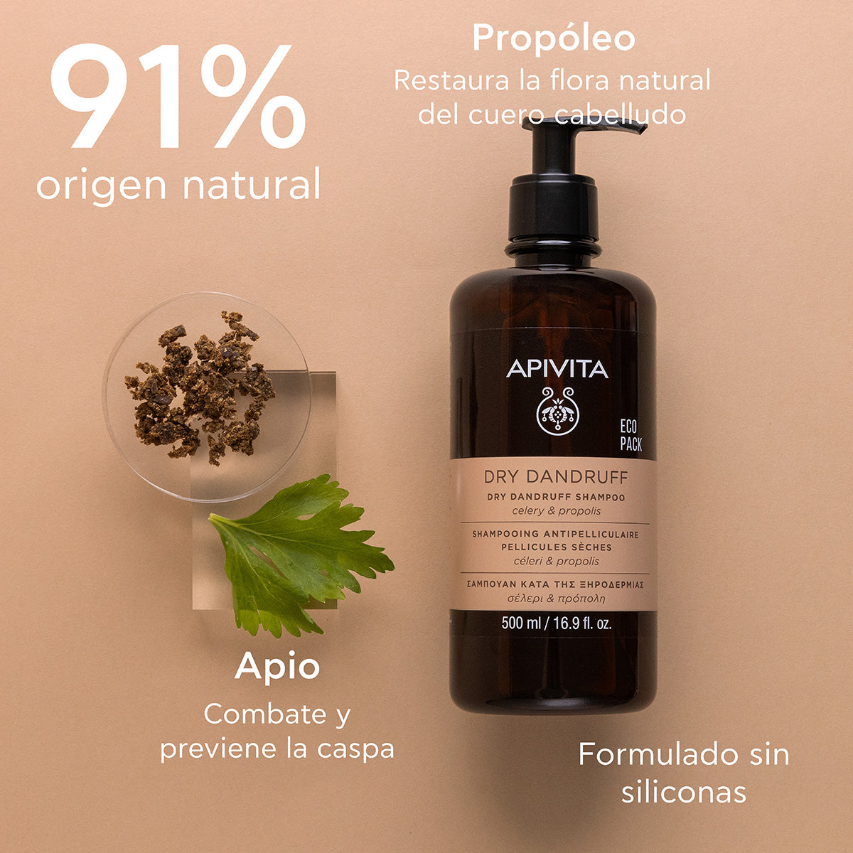 ECOPACK Champú anticaspa seca con apio y propóleo, APIVITA, 500 ml