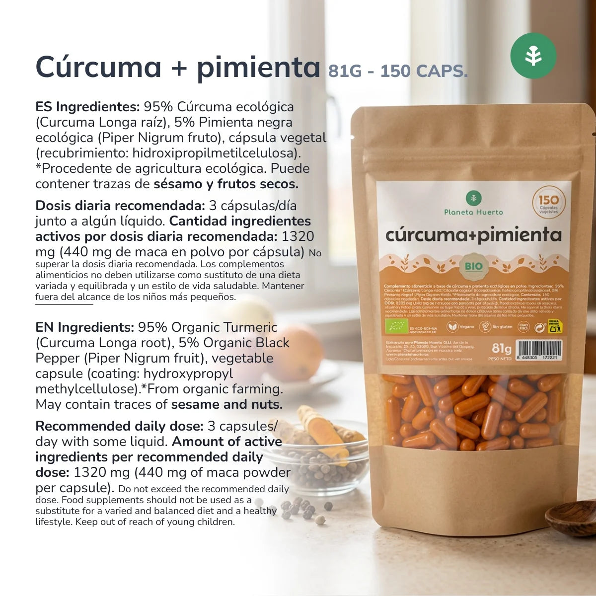 Cúrcuma + Pimienta BIO Planeta Huerto 150 cápsulas