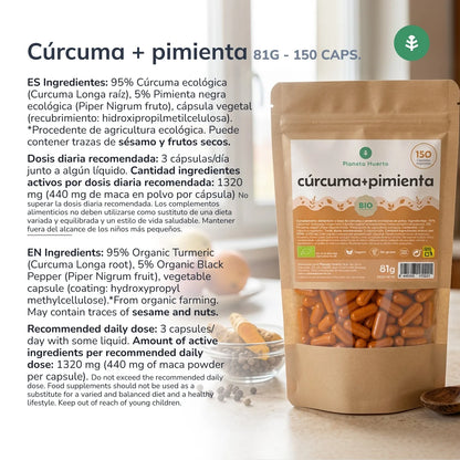 Cúrcuma + Pimienta BIO Planeta Huerto 150 cápsulas