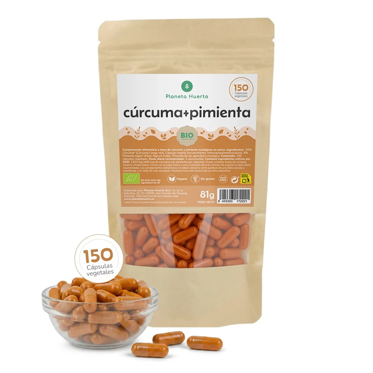 Cúrcuma + Pimienta BIO Planeta Huerto 150 cápsulas