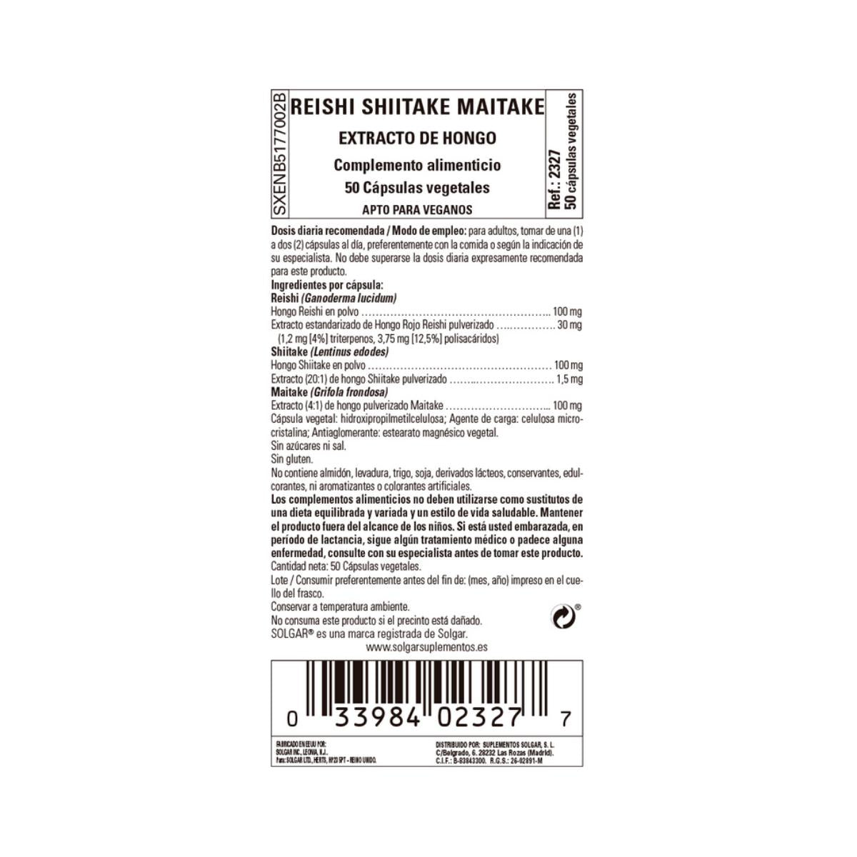 Reishi Shiitake Maitake Solgar 50 cápsulas vegetales