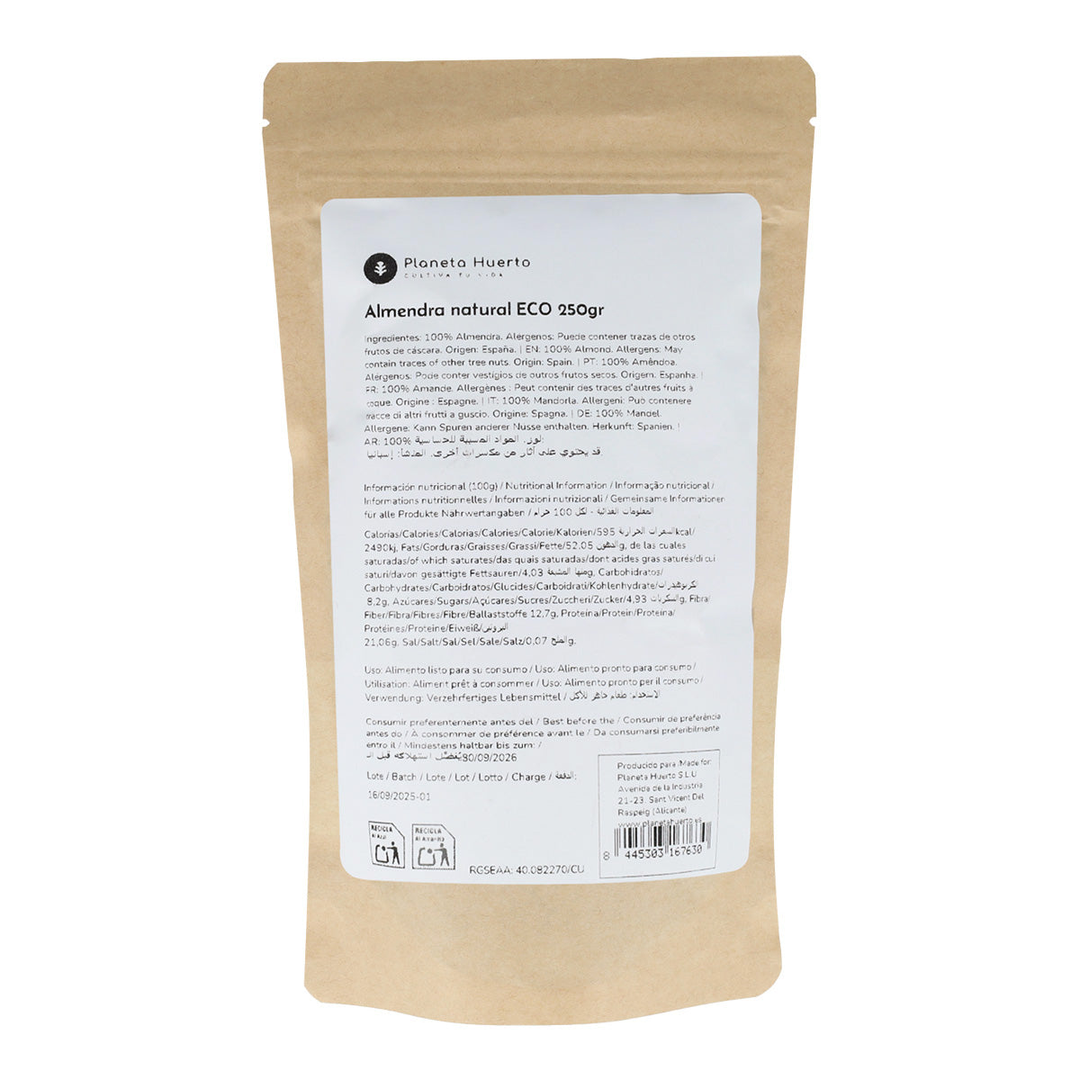 Almendra natural con piel ECO Planeta Huerto 250 g