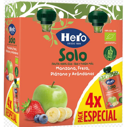 Bolsita Fruta 100 % Eco sabor Manzana, Fresa, Plátano y Arándanos  4x100 g-Hero Solo