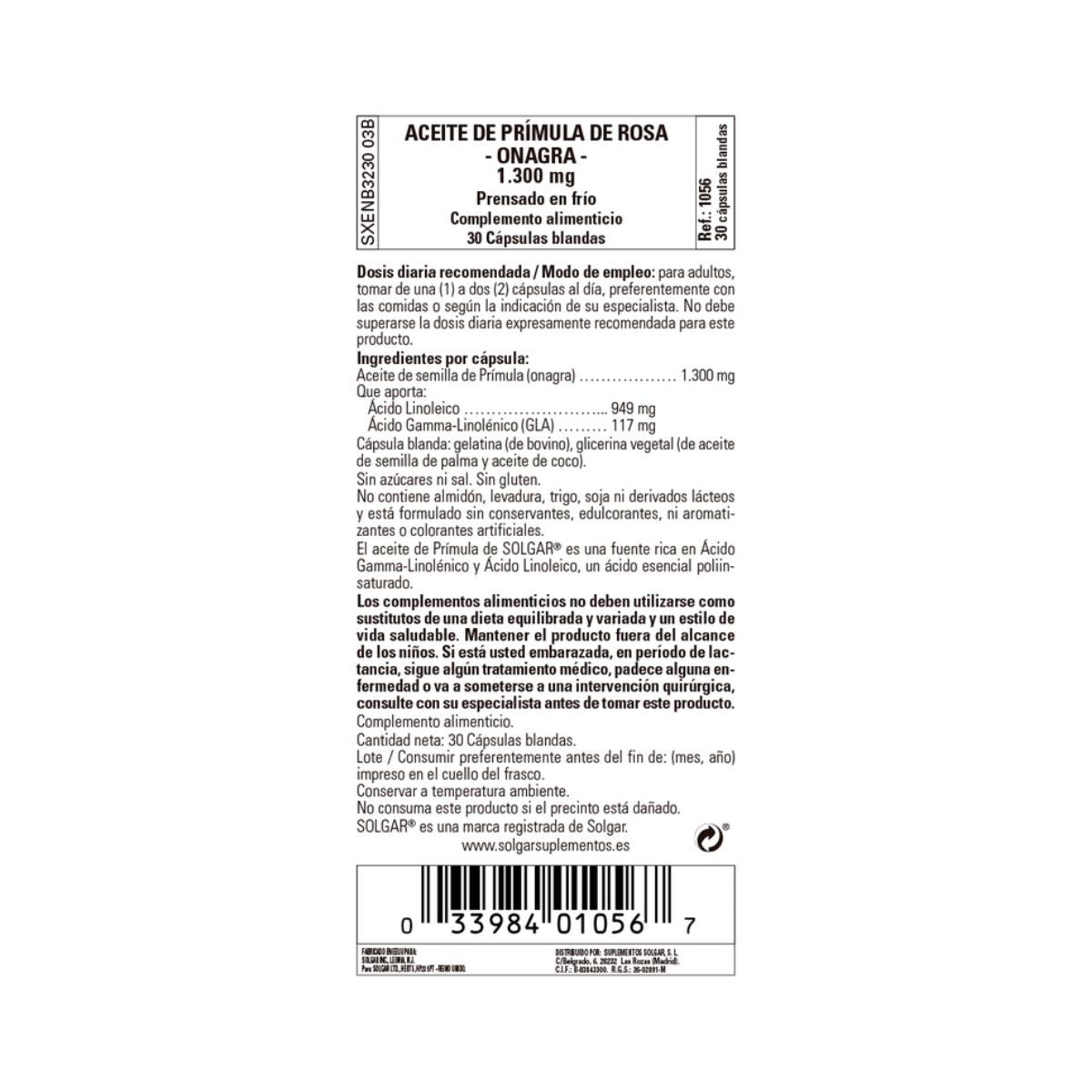Aceite de Prímula de Rosa Solgar 30 perlas de 1300mg