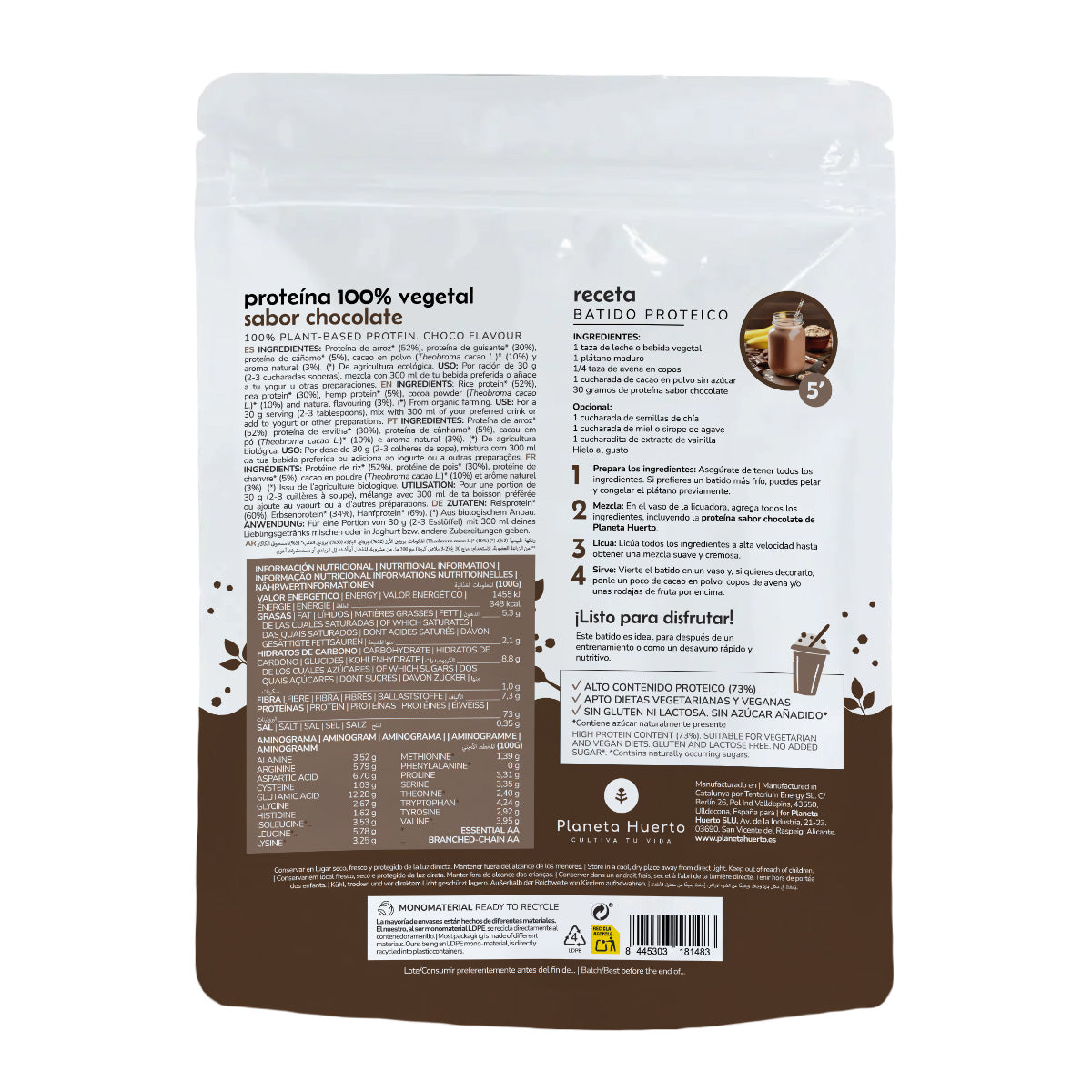 Proteína vegana ECO 73% chocolate Planeta Huerto  1Kg