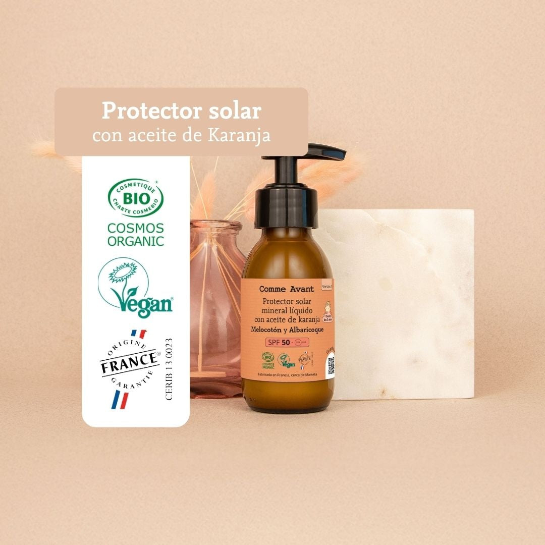 Protector solar mineral líquido SPF50 con aceite de karanja Monoi y Almizcle Comme Avant 105 ml