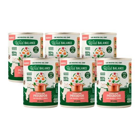 Pack 6X Guiso del pescador salmón y cerdo para perros Wild Balance 400 gr