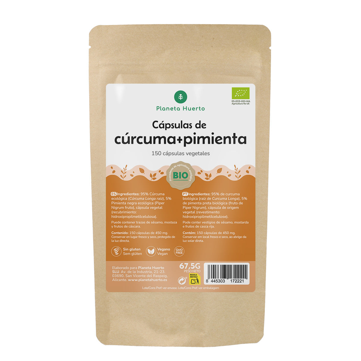 Cúrcuma + Pimienta BIO Planeta Huerto 150 cápsulas