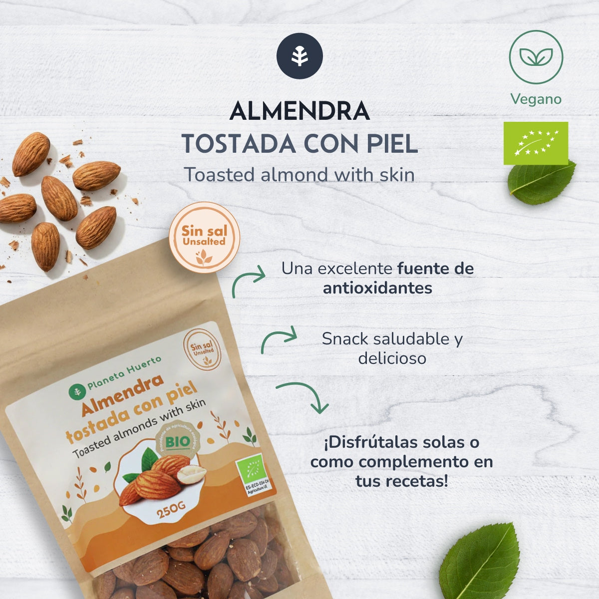 Almendra tostada con piel sin sal ECO Planeta Huerto 250 g