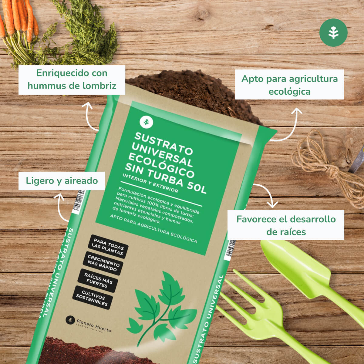 Sustrato Universal Sin Turba ECO Planeta Huerto 50 L - Fórmula mejorada