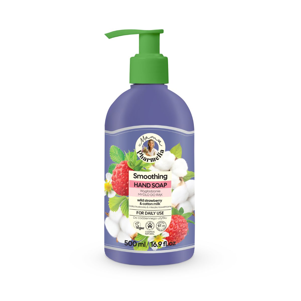 Jabón de Manos Suavizante con Fresa Silvestre y Leche de Algodón, Mama Pharmelia, 500 ml