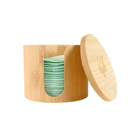 Set 18 discos desmaquillantes reutilizables con dispensador de madera Pandoo