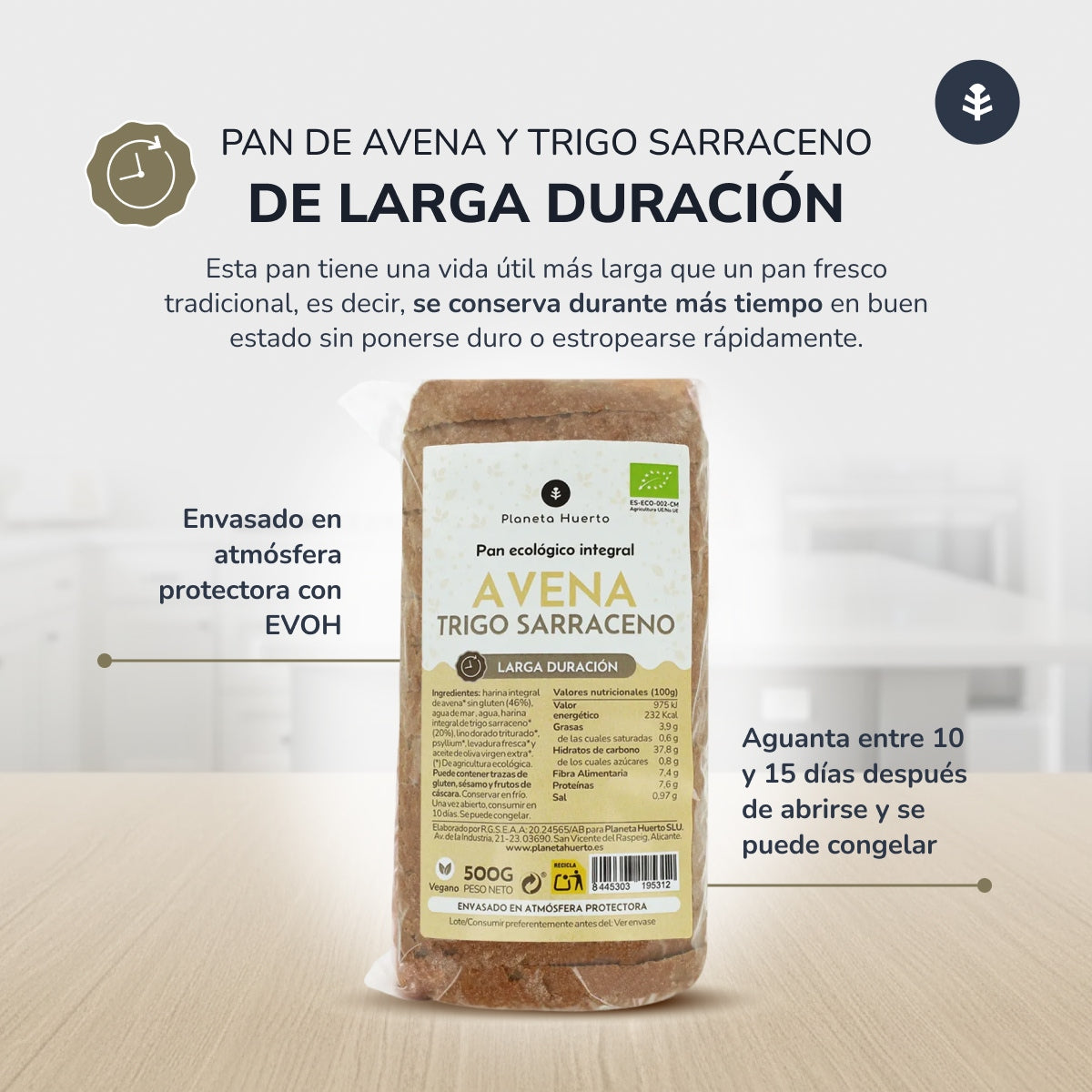 Pan integral de avena y trigo sarraceno ECO Planeta Huerto 500 g