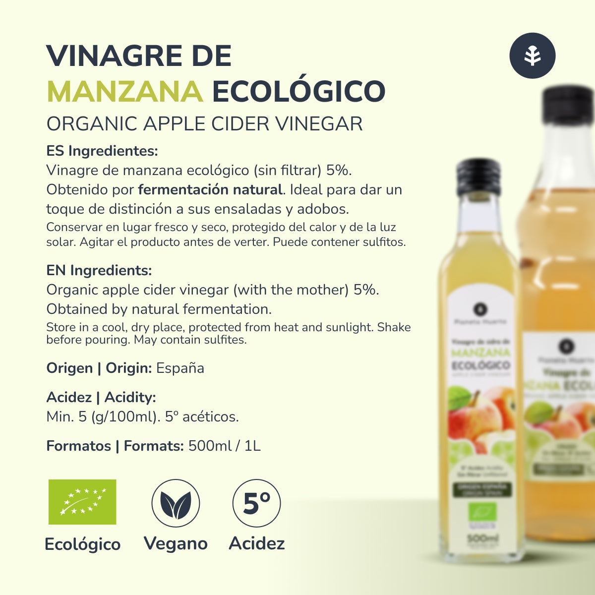 Vinagre de manzana ECO crudo sin filtrar con la madre Planeta Huerto 1L