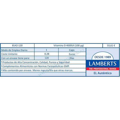 Pack 2x Vitamina D3 4000UI (100 µg) Lamberts, 120 cápsulas