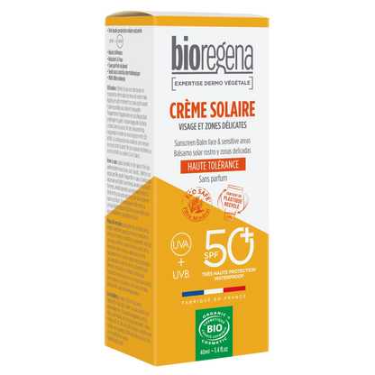 Protector solar Cara y zonas delicadas en bálsamo SPF50 Bioregena, 40 ml