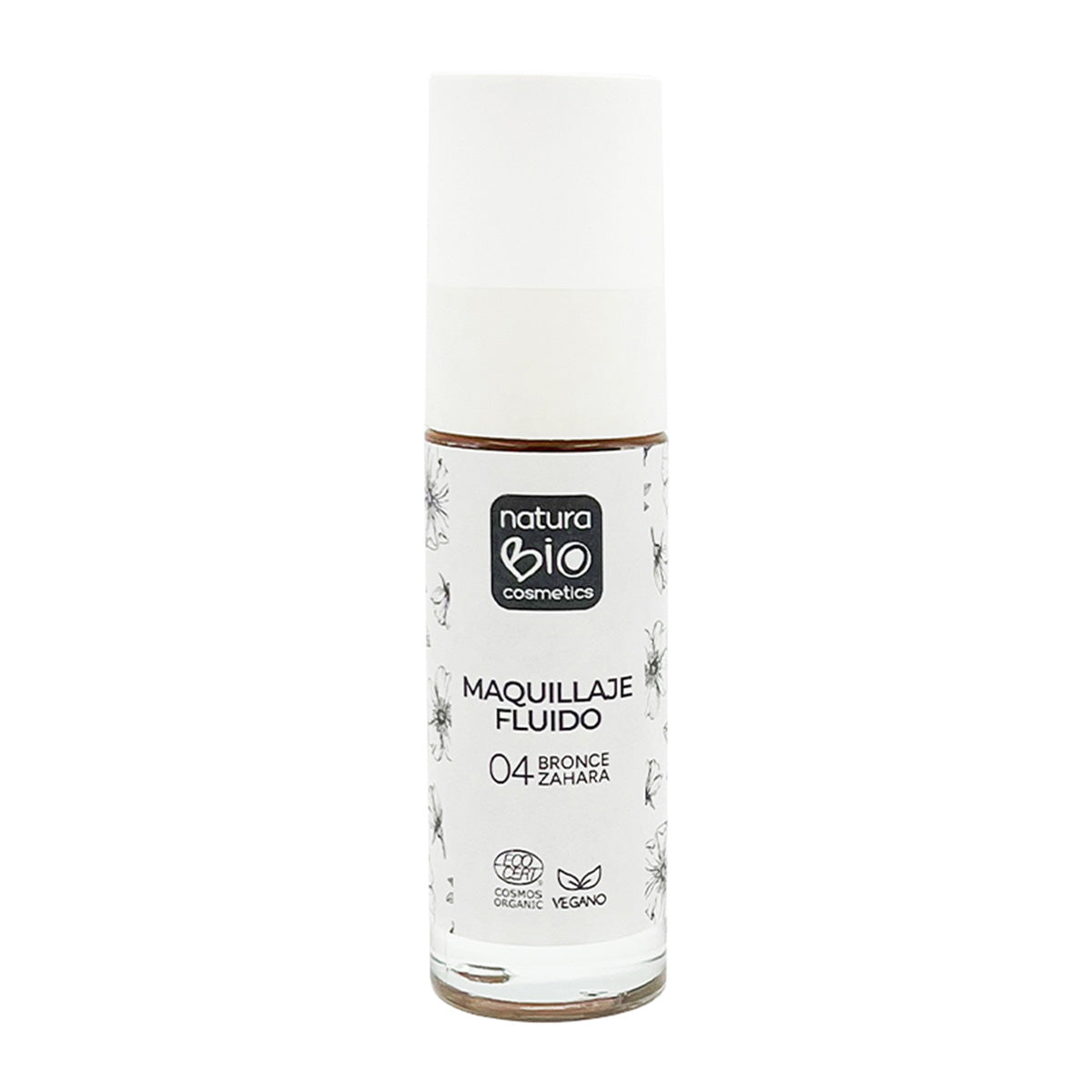 Maquillaje Fluido 04 Bronze Zahara, Acabado Impecable, Con Rosa Mosqueta y Manteca de Karité,  NaturaBio Cosmetics, 30ml
