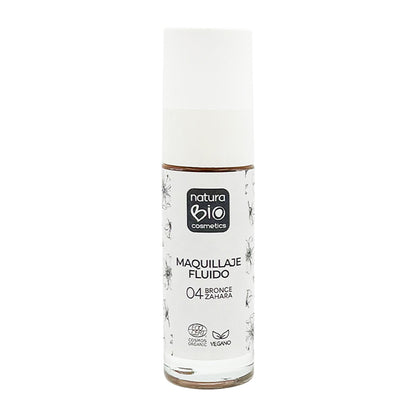 Maquillaje Fluido 04 Bronze Zahara, Acabado Impecable, Con Rosa Mosqueta y Manteca de Karité,  NaturaBio Cosmetics, 30ml