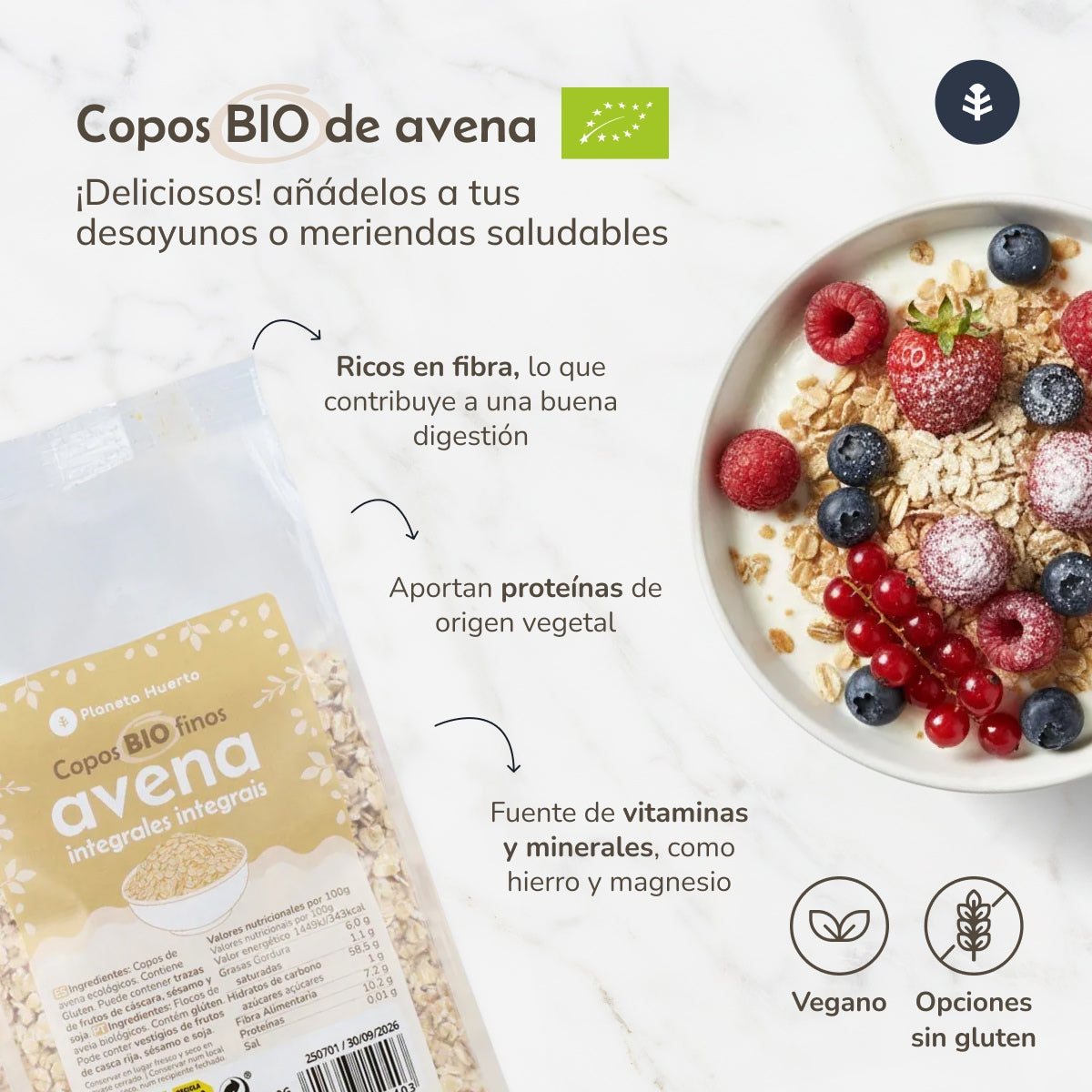 Copos de avena finos Sin Gluten ECO Planeta Huerto 500 g