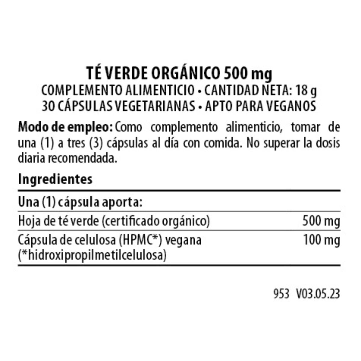 Té Verde Orgánico 500 mg 30 cápsulas veganas