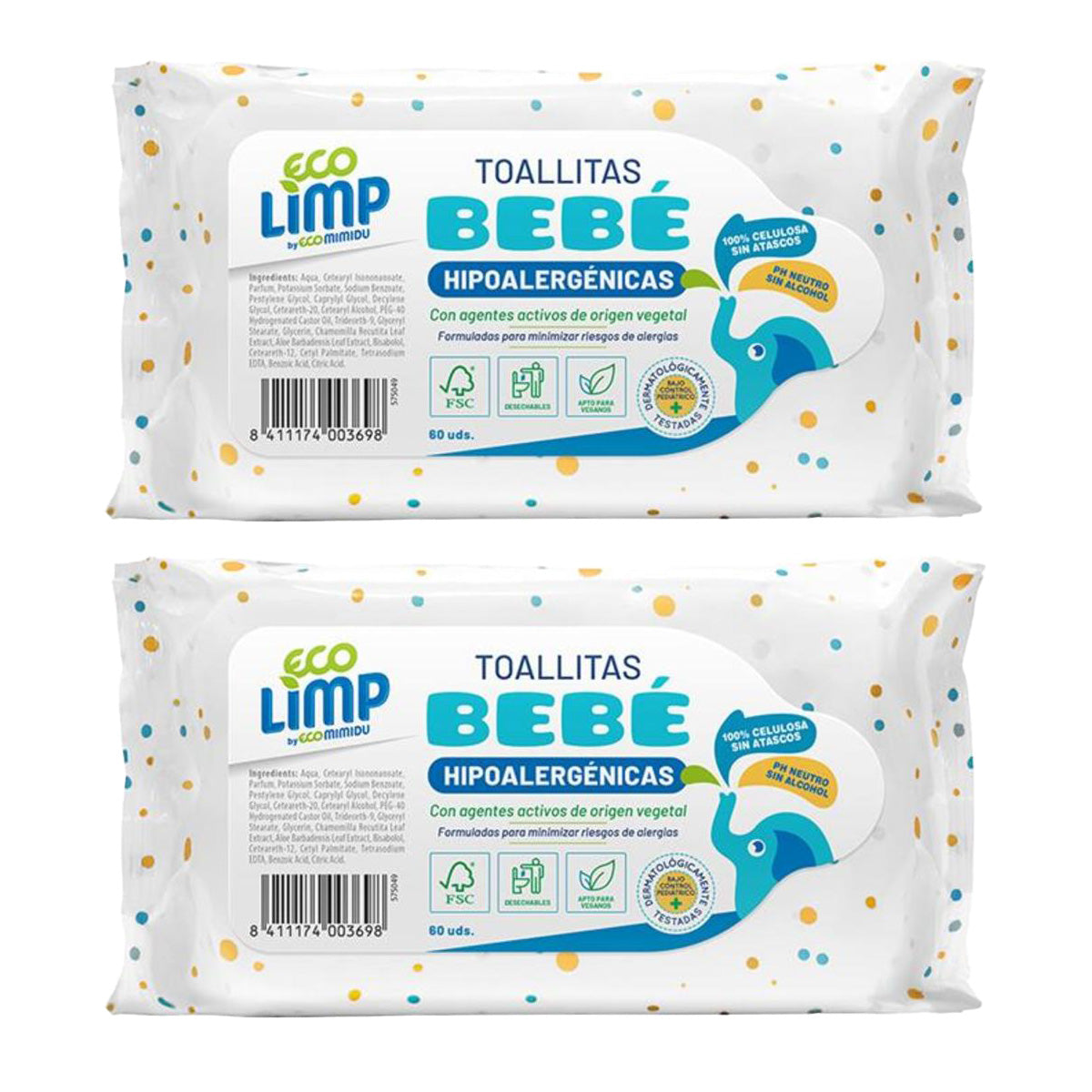 Pack 2x Toallitas Bebé  Mimidu ECO 60 Uds