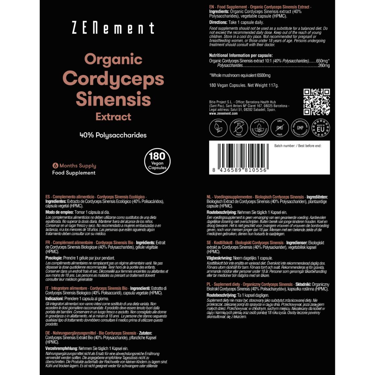 Extracto de Cordyceps Sinensis ECO 40% Polisacáridos Zenement, 180 comprimidos