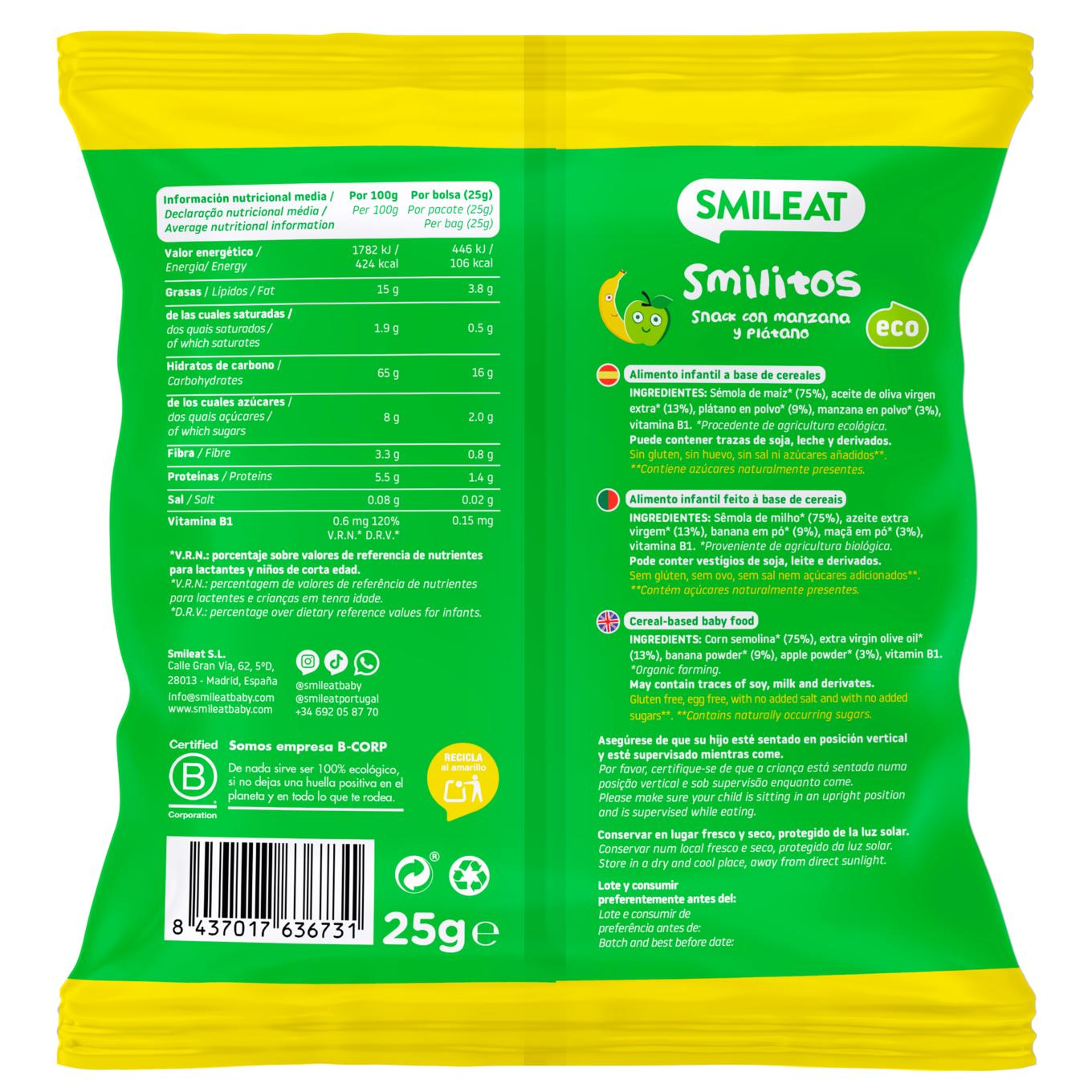 Smilitos, gusanitos de manzana y plátano 25g snack Smileat