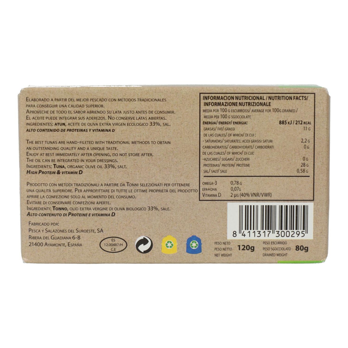 Filetes de atún en aceite de oliva virgen extra ecológico 120 g Peasur