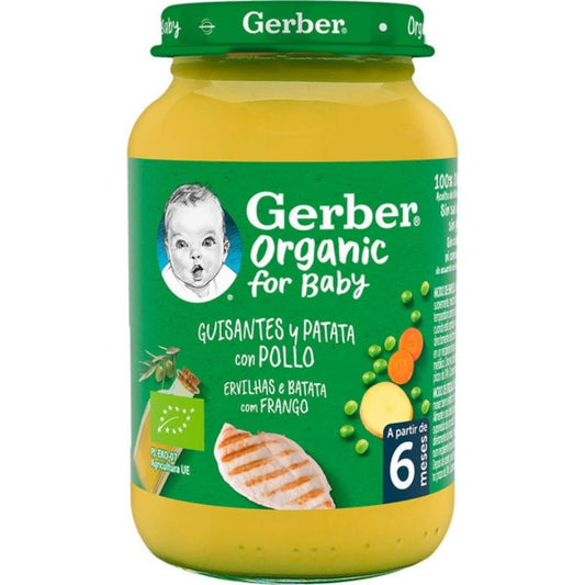 Tarrito de puré ecológico para bebés de Guisantes con Patata y Pollo Gerber 190 g