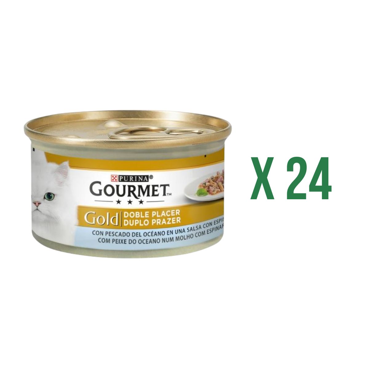 Pack 24 x GOURMET GOLD Doble Placer Pescado del Oceano & Espinacas Comida húmeda 85g