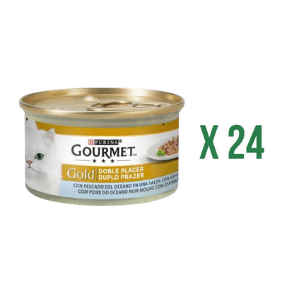 Pack 24 x GOURMET GOLD Doble Placer Pescado del Oceano & Espinacas Comida húmeda 85g